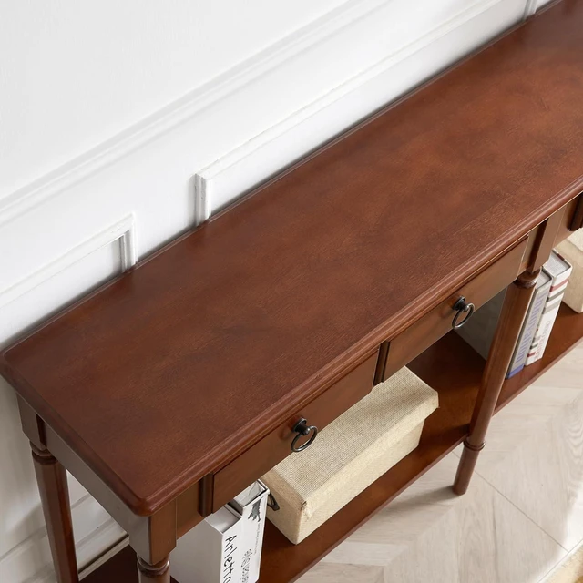 Alt view image 7 of 7 - Leick Home Coastal Solid Wood Console Table with Shelf and Drawers, Rich Pecan Brown, Perfect for Entryways, Hallways, and Living Rooms, 20028-PC