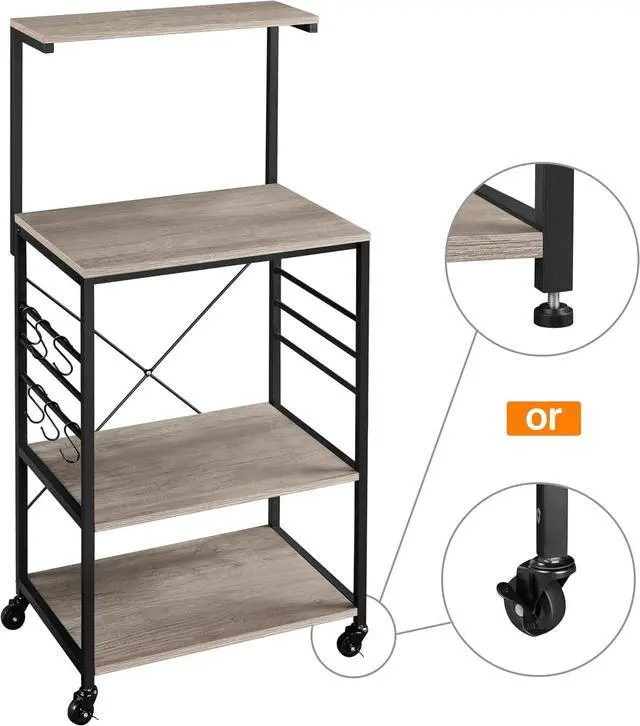 Alt view image 6 of 7 - Yaheetech Kitchen Bakers Rack on Wheels(16D x 24W x 50H Inches), Microwave Stand Kitchen Cart, Rolling Coffee Bar Cart with 6 S-Side Hooks and Adjustable Feet, Utility Storage Shelf, Gray