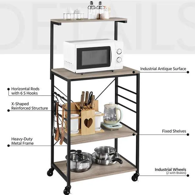 Alt view image 7 of 7 - Yaheetech Kitchen Bakers Rack on Wheels(16D x 24W x 50H Inches), Microwave Stand Kitchen Cart, Rolling Coffee Bar Cart with 6 S-Side Hooks and Adjustable Feet, Utility Storage Shelf, Gray