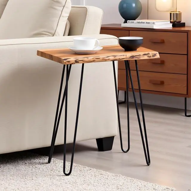 Alt view image 2 of 7 - Alaterre Furniture Natural Live Edge End Table - 15 x 20 x 27 Acacia Wood Side Table with Metal Hairpin Legs and Protective Floor Pads - Mid Century Modern Living Room Furniture (Natural)