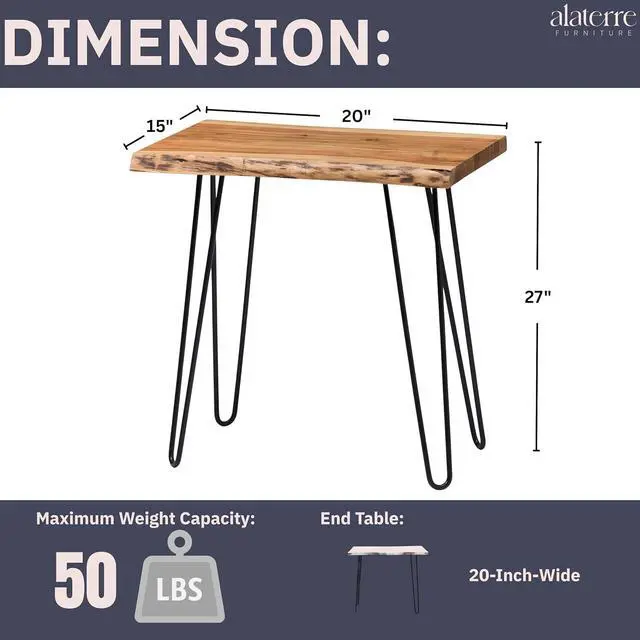 Alt view image 3 of 7 - Alaterre Furniture Natural Live Edge End Table - 15 x 20 x 27 Acacia Wood Side Table with Metal Hairpin Legs and Protective Floor Pads - Mid Century Modern Living Room Furniture (Natural)