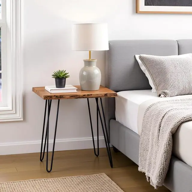 Alt view image 5 of 7 - Alaterre Furniture Natural Live Edge End Table - 15 x 20 x 27 Acacia Wood Side Table with Metal Hairpin Legs and Protective Floor Pads - Mid Century Modern Living Room Furniture (Natural)