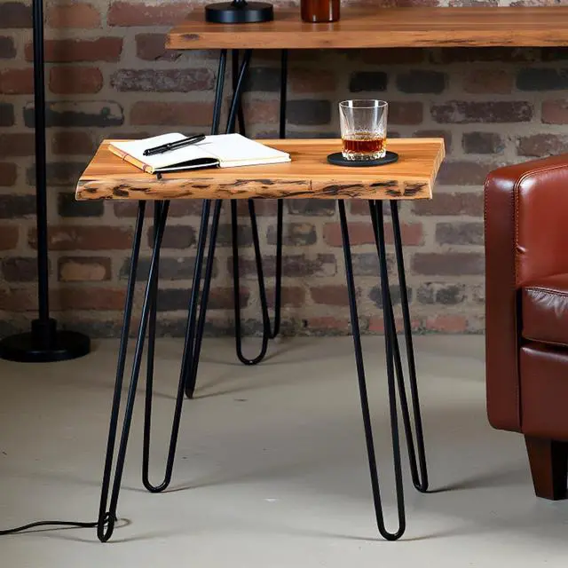Alt view image 6 of 7 - Alaterre Furniture Natural Live Edge End Table - 15 x 20 x 27 Acacia Wood Side Table with Metal Hairpin Legs and Protective Floor Pads - Mid Century Modern Living Room Furniture (Natural)