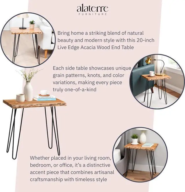 Alt view image 4 of 7 - Alaterre Furniture Natural Live Edge End Table - 15 x 20 x 27 Acacia Wood Side Table with Metal Hairpin Legs and Protective Floor Pads - Mid Century Modern Living Room Furniture (Natural)