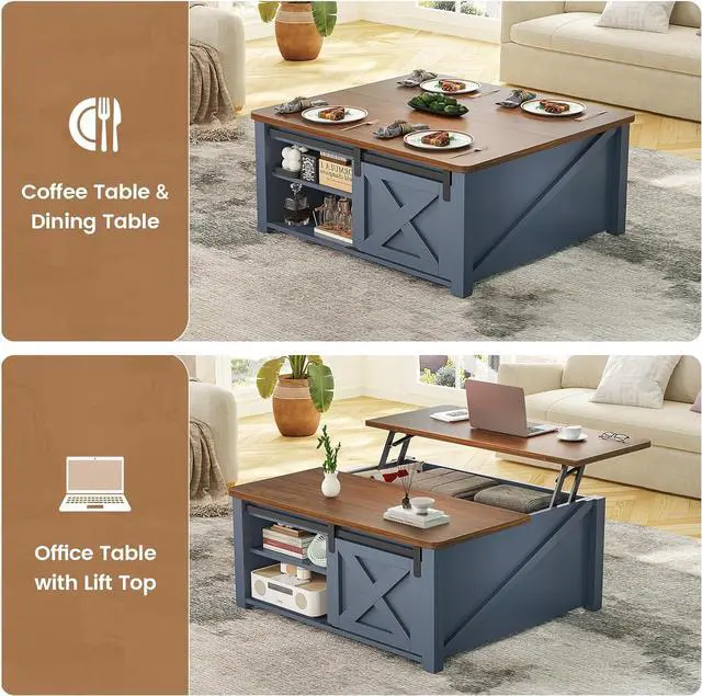 Alt view image 4 of 7 - SEDETA 31.5" Lift Top Coffee Table with Storage, Square Coffee Tables for Living Room, Farmhouse Coffee Table with Large Hidden Storage Compartment and Adjustable Shelves, Blue