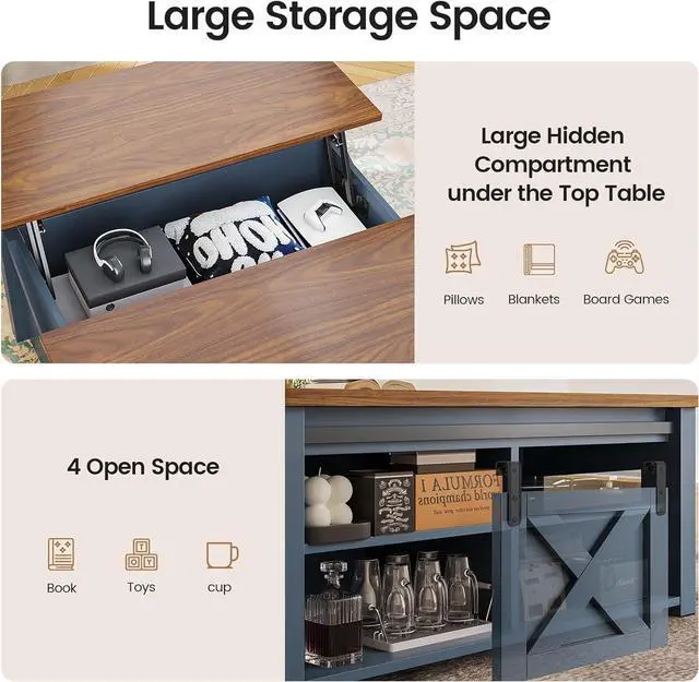 Alt view image 7 of 7 - SEDETA 31.5" Lift Top Coffee Table with Storage, Square Coffee Tables for Living Room, Farmhouse Coffee Table with Large Hidden Storage Compartment and Adjustable Shelves, Blue