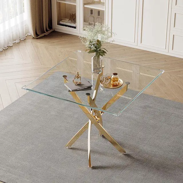 Alt view image 2 of 7 - 36" Square Glass Dining Table, Modern Clear Kitchen Table for 4 with Tempered Glass Top & Gold Stainless Steel Legs, Small Glass Coffee Table for Small Space, Living Room, Office