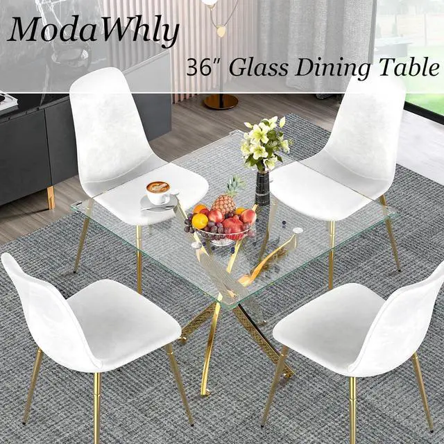 Alt view image 3 of 7 - 36" Square Glass Dining Table, Modern Clear Kitchen Table for 4 with Tempered Glass Top & Gold Stainless Steel Legs, Small Glass Coffee Table for Small Space, Living Room, Office