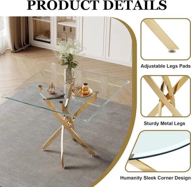Alt view image 4 of 7 - 36" Square Glass Dining Table, Modern Clear Kitchen Table for 4 with Tempered Glass Top & Gold Stainless Steel Legs, Small Glass Coffee Table for Small Space, Living Room, Office