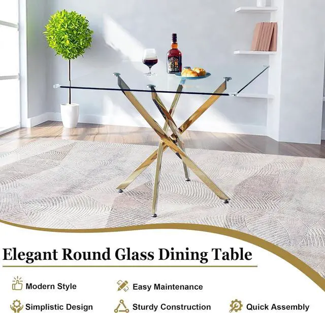 Alt view image 5 of 7 - 36" Square Glass Dining Table, Modern Clear Kitchen Table for 4 with Tempered Glass Top & Gold Stainless Steel Legs, Small Glass Coffee Table for Small Space, Living Room, Office