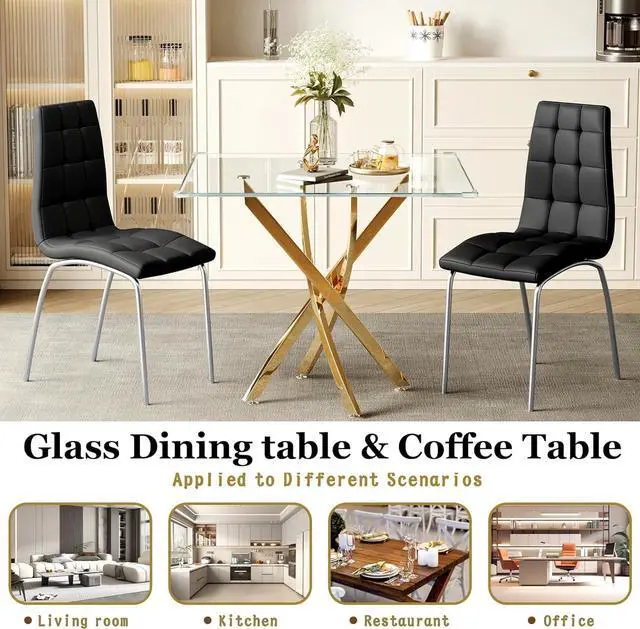 Alt view image 6 of 7 - 36" Square Glass Dining Table, Modern Clear Kitchen Table for 4 with Tempered Glass Top & Gold Stainless Steel Legs, Small Glass Coffee Table for Small Space, Living Room, Office