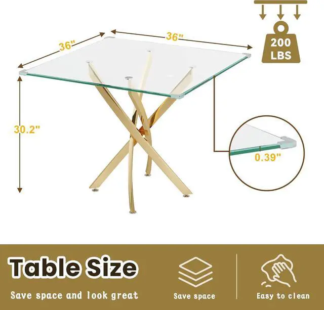 Alt view image 7 of 7 - 36" Square Glass Dining Table, Modern Clear Kitchen Table for 4 with Tempered Glass Top & Gold Stainless Steel Legs, Small Glass Coffee Table for Small Space, Living Room, Office