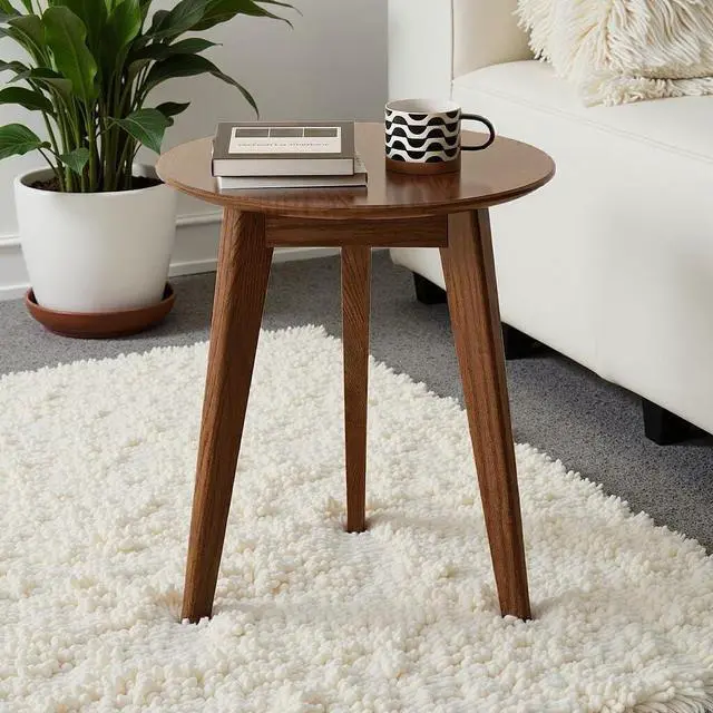 Alt view image 6 of 7 - 100% Solid Oak Round Side Table Set of 2, Small Bedside Table for Small Spaces, Living Room End Table with Stable Frame, Modern Nightstand for Bedroom Couch(Walnut, 17.71" D x 19.68" H)