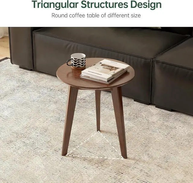 Alt view image 5 of 7 - 100% Solid Oak Round Side Table Set of 2, Small Bedside Table for Small Spaces, Living Room End Table with Stable Frame, Modern Nightstand for Bedroom Couch(Walnut, 17.71" D x 19.68" H)