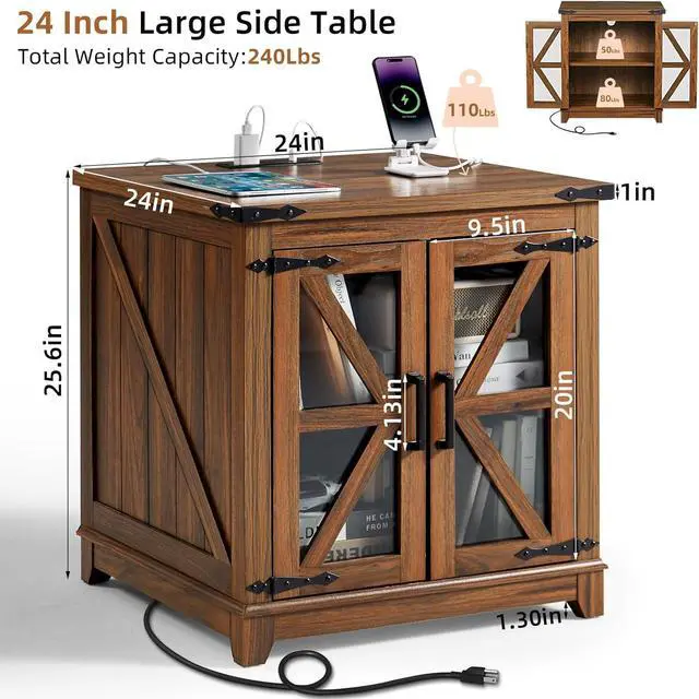 Alt view image 2 of 7 - Farmhouse End Table with Charging Station, 24" Large Sofa Side Table with Glass Barn Door, Nightstand with Adjustable Storage Shelf,Wood Square Bedside Table for Living Room,Bedroom