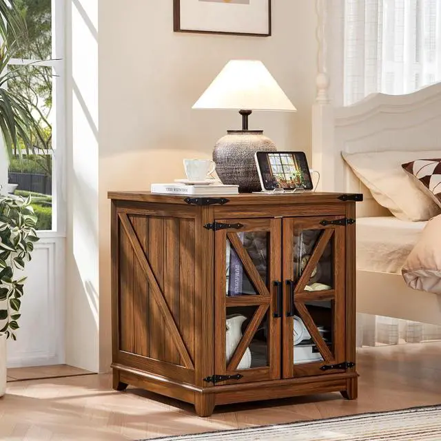 Alt view image 3 of 7 - Farmhouse End Table with Charging Station, 24" Large Sofa Side Table with Glass Barn Door, Nightstand with Adjustable Storage Shelf,Wood Square Bedside Table for Living Room,Bedroom