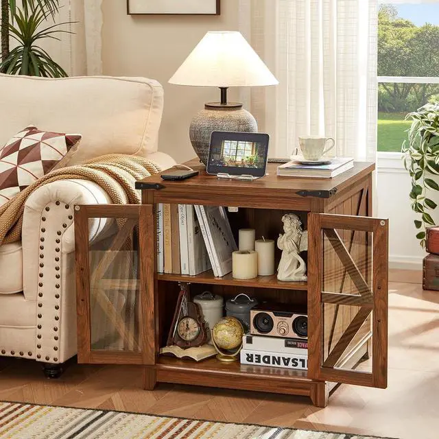 Alt view image 4 of 7 - Farmhouse End Table with Charging Station, 24" Large Sofa Side Table with Glass Barn Door, Nightstand with Adjustable Storage Shelf,Wood Square Bedside Table for Living Room,Bedroom