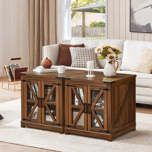 Alt view image 5 of 7 - Farmhouse End Table with Charging Station, 24" Large Sofa Side Table with Glass Barn Door, Nightstand with Adjustable Storage Shelf,Wood Square Bedside Table for Living Room,Bedroom