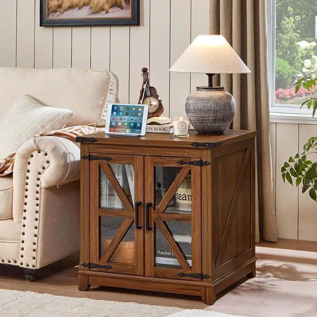 Alt view image 6 of 7 - Farmhouse End Table with Charging Station, 24" Large Sofa Side Table with Glass Barn Door, Nightstand with Adjustable Storage Shelf,Wood Square Bedside Table for Living Room,Bedroom