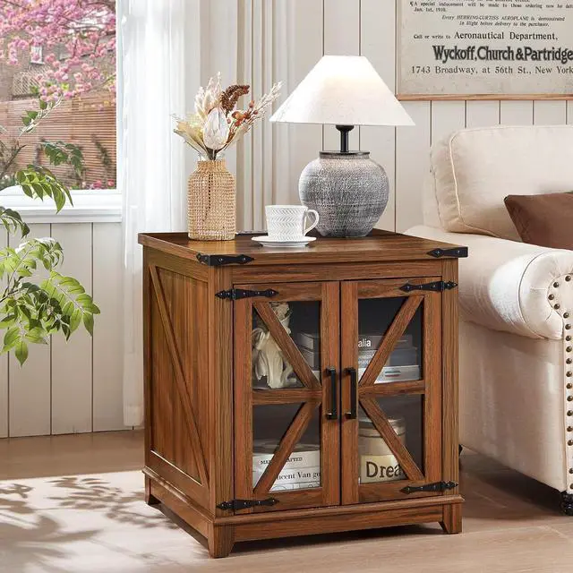 Alt view image 7 of 7 - Farmhouse End Table with Charging Station, 24" Large Sofa Side Table with Glass Barn Door, Nightstand with Adjustable Storage Shelf,Wood Square Bedside Table for Living Room,Bedroom