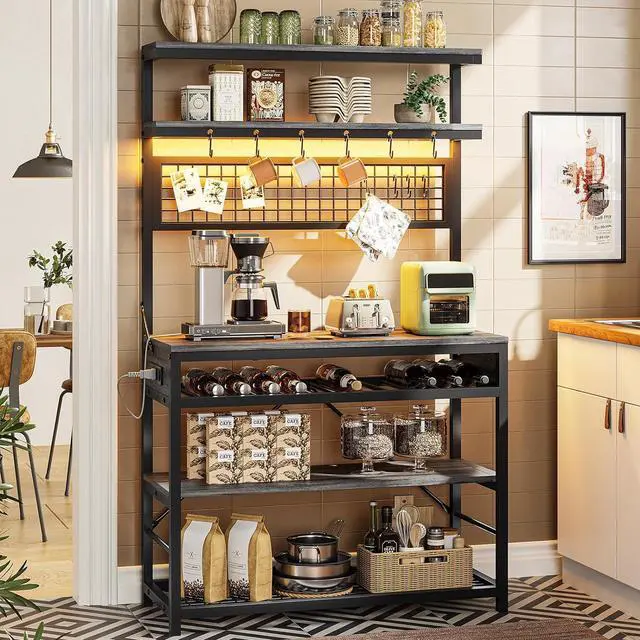 Main image of Itaar Bakers Rack with Power Outlet, 6-Tier Coffee Bar, Microwave Stand with Wine Rack, LED Lights and 10 Hooks, Bakers Racks for Kitchens with Storage, Grey
