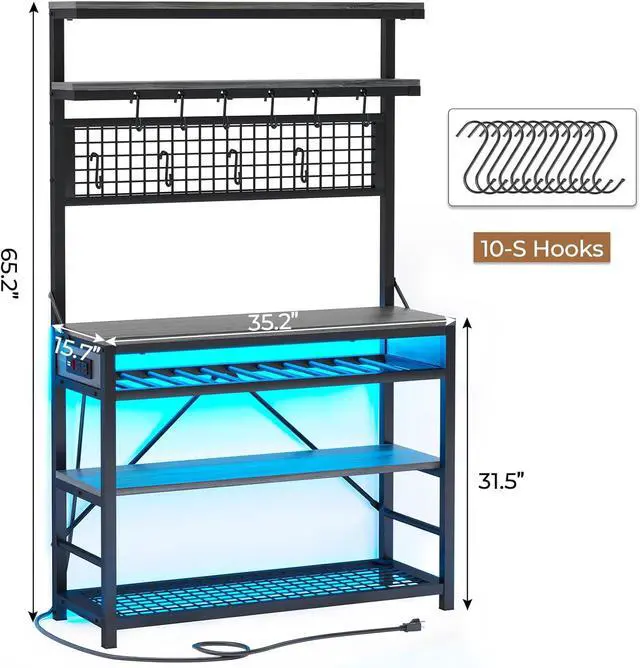 Alt view image 2 of 7 - Itaar Bakers Rack with Power Outlet, 6-Tier Coffee Bar, Microwave Stand with Wine Rack, LED Lights and 10 Hooks, Bakers Racks for Kitchens with Storage, Grey