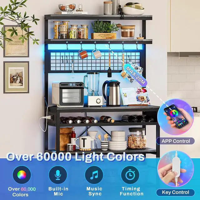 Alt view image 3 of 7 - Itaar Bakers Rack with Power Outlet, 6-Tier Coffee Bar, Microwave Stand with Wine Rack, LED Lights and 10 Hooks, Bakers Racks for Kitchens with Storage, Grey