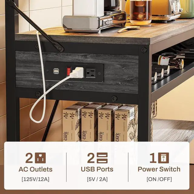 Alt view image 4 of 7 - Itaar Bakers Rack with Power Outlet, 6-Tier Coffee Bar, Microwave Stand with Wine Rack, LED Lights and 10 Hooks, Bakers Racks for Kitchens with Storage, Grey