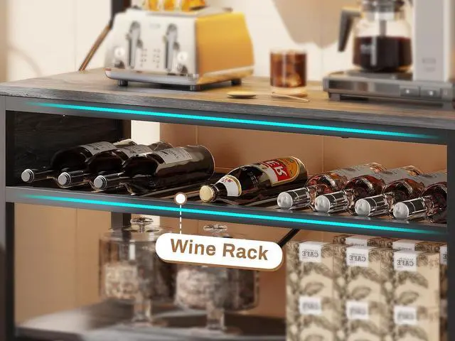 Alt view image 7 of 7 - Itaar Bakers Rack with Power Outlet, 6-Tier Coffee Bar, Microwave Stand with Wine Rack, LED Lights and 10 Hooks, Bakers Racks for Kitchens with Storage, Grey