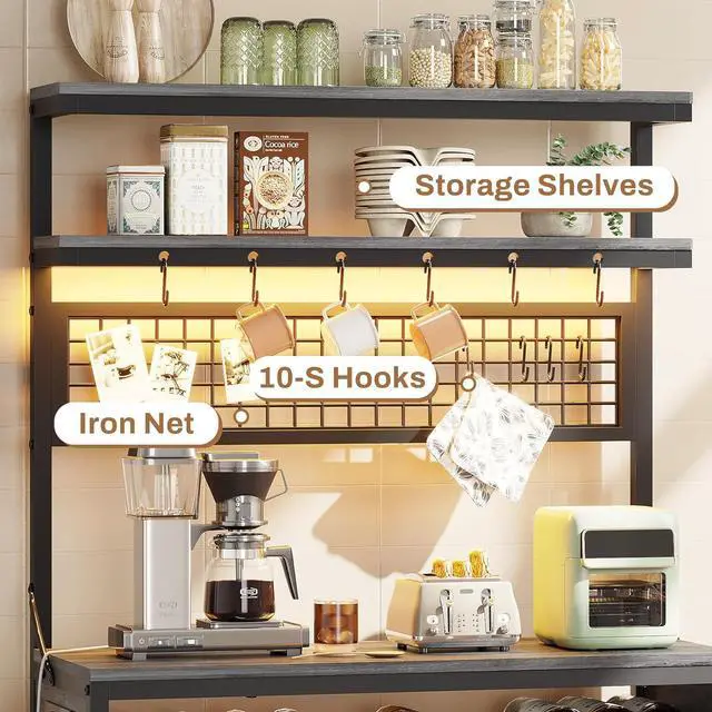 Alt view image 6 of 7 - Itaar Bakers Rack with Power Outlet, 6-Tier Coffee Bar, Microwave Stand with Wine Rack, LED Lights and 10 Hooks, Bakers Racks for Kitchens with Storage, Grey