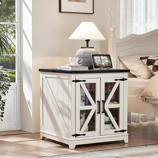 Alt view image 2 of 7 - Farmhouse End Table with Charging Station Set 2, 24" Large Sofa Side Table with Glass Barn Door,White Nightstand with Adjustable Storage Shelf,Wood Square Bedside Table for Living Room,Bedroom