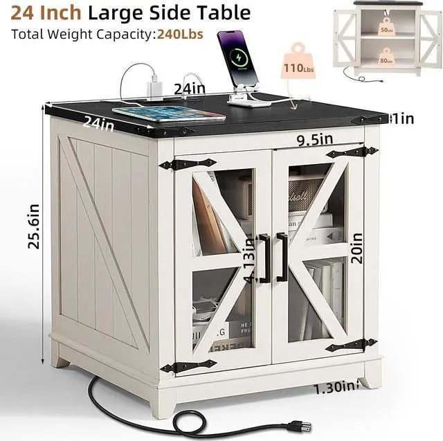 Alt view image 3 of 7 - Farmhouse End Table with Charging Station Set 2, 24" Large Sofa Side Table with Glass Barn Door,White Nightstand with Adjustable Storage Shelf,Wood Square Bedside Table for Living Room,Bedroom
