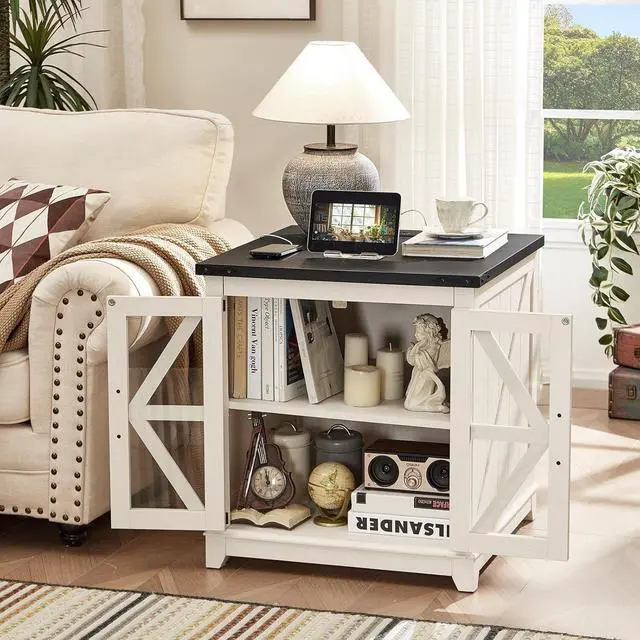 Alt view image 4 of 7 - Farmhouse End Table with Charging Station Set 2, 24" Large Sofa Side Table with Glass Barn Door,White Nightstand with Adjustable Storage Shelf,Wood Square Bedside Table for Living Room,Bedroom