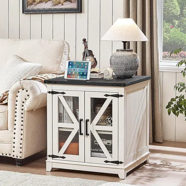 Alt view image 6 of 7 - Farmhouse End Table with Charging Station Set 2, 24" Large Sofa Side Table with Glass Barn Door,White Nightstand with Adjustable Storage Shelf,Wood Square Bedside Table for Living Room,Bedroom