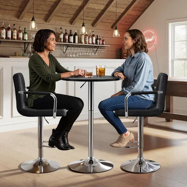 Alt view image 3 of 7 - Yaheetech 3-Piece Bar Table Set, Round Bar Table and PU Leather Adjustable Swivel Chairs, Modern Counter Height Table Set with 2 Bar Stool for Kitchen, Black