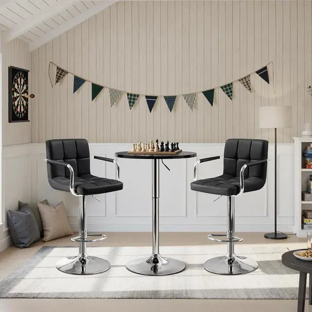 Alt view image 4 of 7 - Yaheetech 3-Piece Bar Table Set, Round Bar Table and PU Leather Adjustable Swivel Chairs, Modern Counter Height Table Set with 2 Bar Stool for Kitchen, Black