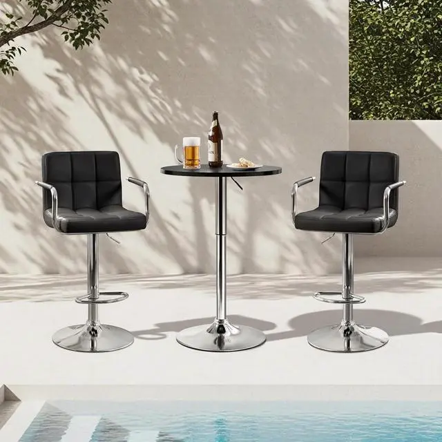 Alt view image 5 of 7 - Yaheetech 3-Piece Bar Table Set, Round Bar Table and PU Leather Adjustable Swivel Chairs, Modern Counter Height Table Set with 2 Bar Stool for Kitchen, Black