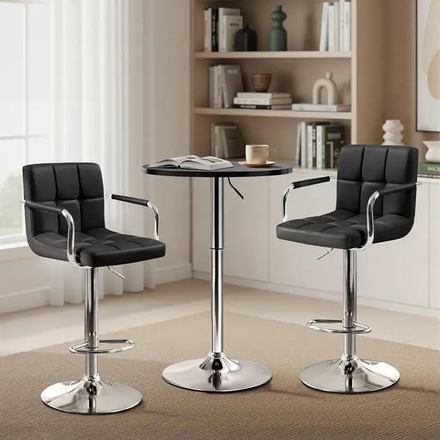 Alt view image 6 of 7 - Yaheetech 3-Piece Bar Table Set, Round Bar Table and PU Leather Adjustable Swivel Chairs, Modern Counter Height Table Set with 2 Bar Stool for Kitchen, Black