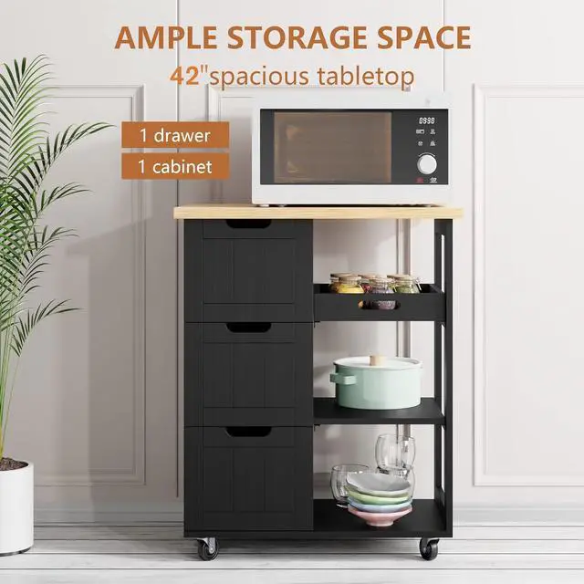 Alt view image 4 of 7 - SUNLEI Kitchen Island with Storage Cart Rolling Coffee Small Butcher Block Table Microwave with 3 Drawers on Wheels Station Portable Mobile Narrow Moveable Utility Counter Wood Top Spaces Bar Food