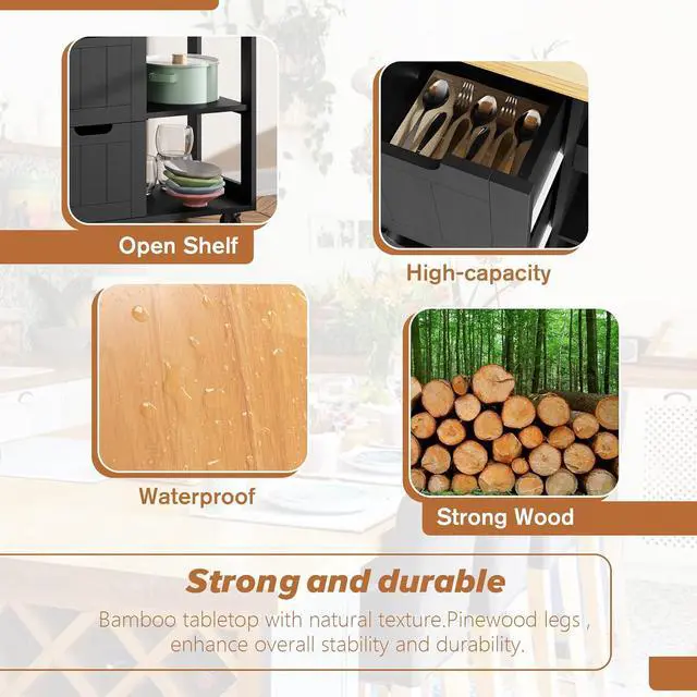 Alt view image 6 of 7 - SUNLEI Kitchen Island with Storage Cart Rolling Coffee Small Butcher Block Table Microwave with 3 Drawers on Wheels Station Portable Mobile Narrow Moveable Utility Counter Wood Top Spaces Bar Food