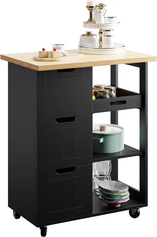 Alt view image 7 of 7 - SUNLEI Kitchen Island with Storage Cart Rolling Coffee Small Butcher Block Table Microwave with 3 Drawers on Wheels Station Portable Mobile Narrow Moveable Utility Counter Wood Top Spaces Bar Food