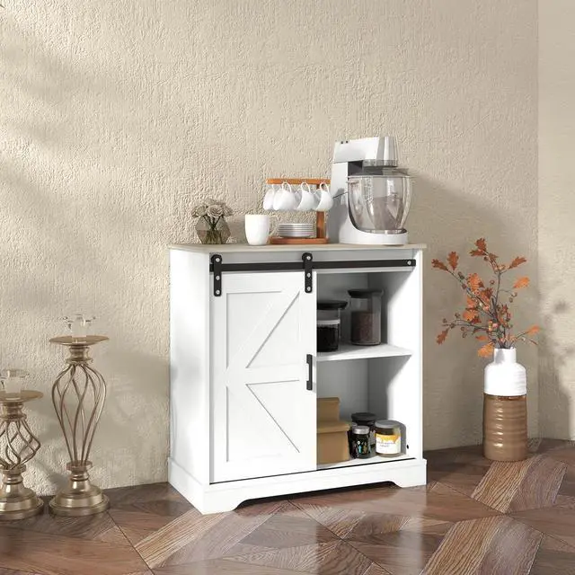 Alt view image 2 of 6 - Panana Sliding Barn Door Buffet Sideboard Storage Cabinet Coffee Bar Kitchen Farmhouse Style (White Cabinet Nature Top)