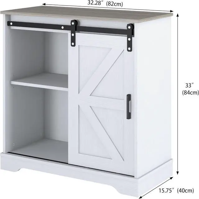 Alt view image 3 of 6 - Panana Sliding Barn Door Buffet Sideboard Storage Cabinet Coffee Bar Kitchen Farmhouse Style (White Cabinet Nature Top)