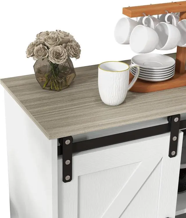 Alt view image 4 of 6 - Panana Sliding Barn Door Buffet Sideboard Storage Cabinet Coffee Bar Kitchen Farmhouse Style (White Cabinet Nature Top)