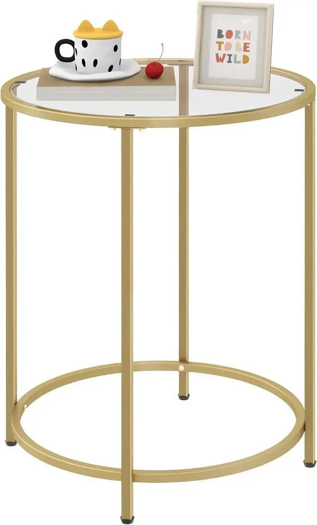 Main image of 19.7 Round Glass End Table, Round Bedside Table with Tempered Glass Top, Gold Glass Side Table with Metal Frame, Modern Round End Table for Living Room Balcony Bedroom Porch Patio