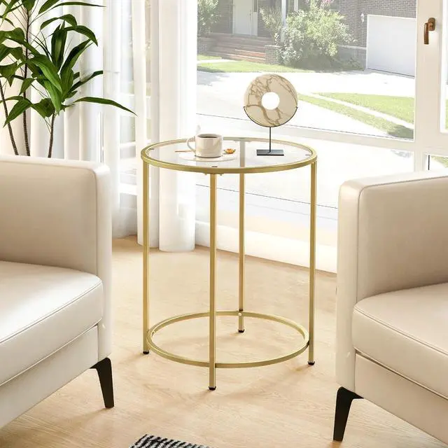Alt view image 4 of 7 - 19.7 Round Glass End Table, Round Bedside Table with Tempered Glass Top, Gold Glass Side Table with Metal Frame, Modern Round End Table for Living Room Balcony Bedroom Porch Patio