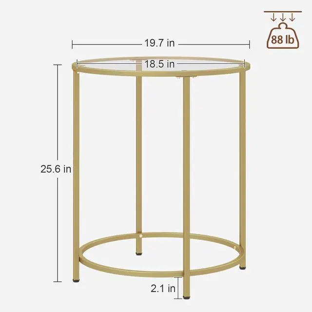 Alt view image 3 of 7 - 19.7 Round Glass End Table, Round Bedside Table with Tempered Glass Top, Gold Glass Side Table with Metal Frame, Modern Round End Table for Living Room Balcony Bedroom Porch Patio