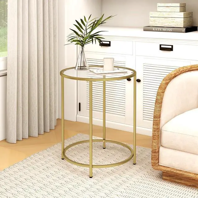 Alt view image 2 of 7 - 19.7 Round Glass End Table, Round Bedside Table with Tempered Glass Top, Gold Glass Side Table with Metal Frame, Modern Round End Table for Living Room Balcony Bedroom Porch Patio