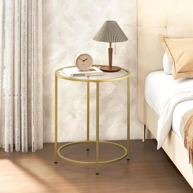 Alt view image 5 of 7 - 19.7 Round Glass End Table, Round Bedside Table with Tempered Glass Top, Gold Glass Side Table with Metal Frame, Modern Round End Table for Living Room Balcony Bedroom Porch Patio