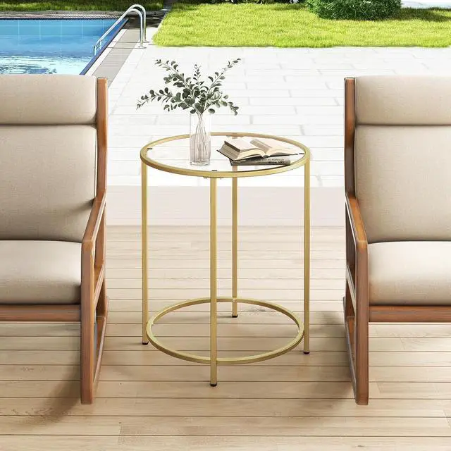 Alt view image 6 of 7 - 19.7 Round Glass End Table, Round Bedside Table with Tempered Glass Top, Gold Glass Side Table with Metal Frame, Modern Round End Table for Living Room Balcony Bedroom Porch Patio